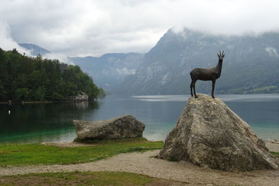 Statue on rock by lake