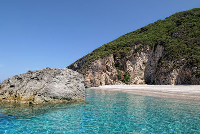 Scenic view of sea by mountain against clear blue sky