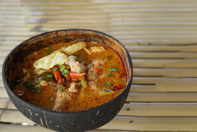 High angle view of soup in bowl on table