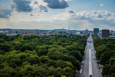 High angle view of road amidst buildings in city