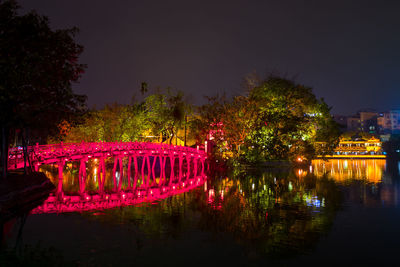 Illuminated trees by lake against sky at night