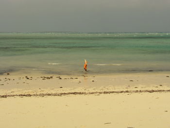 Rear view of woman standing on beach against clear sky