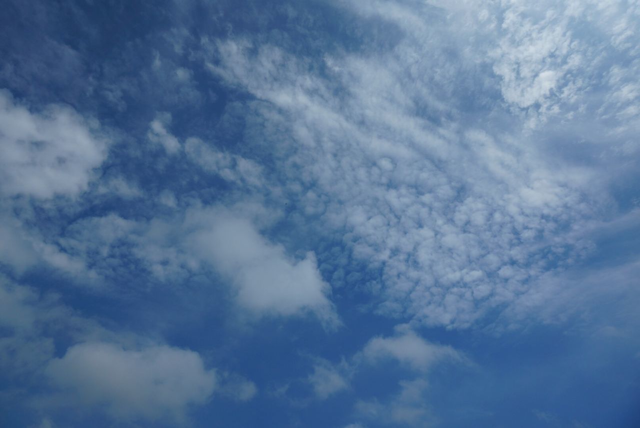 sky, low angle view, blue, cloud - sky, beauty in nature, tranquility, backgrounds, scenics, sky only, nature, full frame, tranquil scene, cloudy, cloud, cloudscape, idyllic, white color, outdoors, day, no people