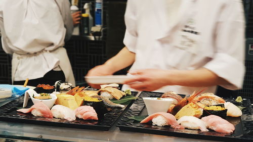 Low angle view of sushi in restaurant