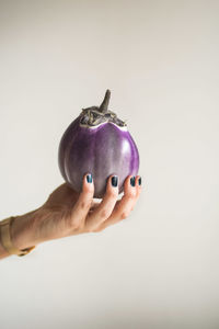 Close-up of hand holding fruit over white background