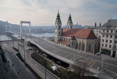 High angle view of buildings in city