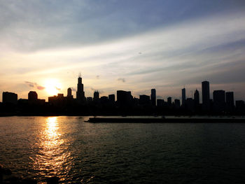 City at waterfront during sunset