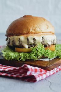 Close-up of burger on table