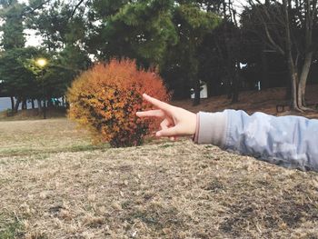 Midsection of man on field during autumn