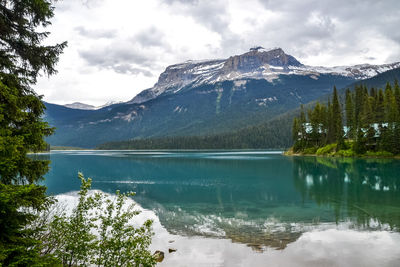 Scenic view of lake and snowcapped mountains against sky