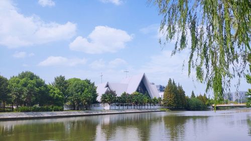 Scenic view of lake by building against sky