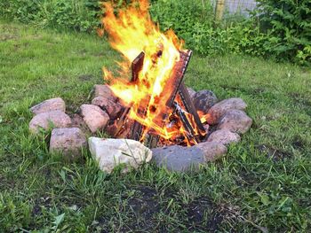 Close-up of bonfire on field