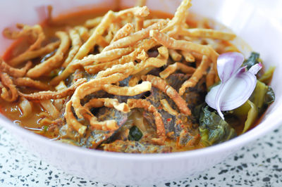 Close-up of noodles served in bowl