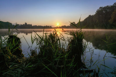 Scenic view of lake against sky during sunset