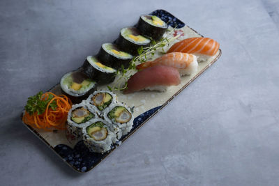 High angle view of sushi in plate on table