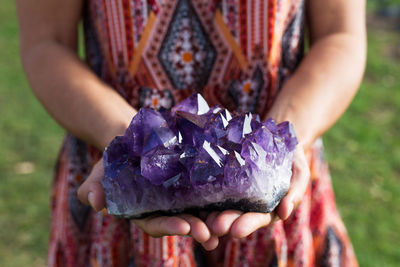 Close-up of woman holding purple flower