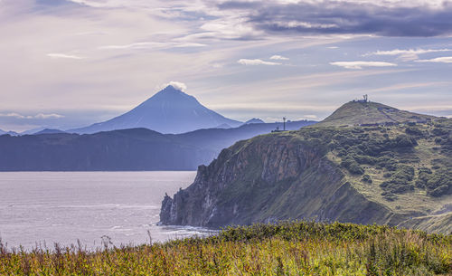 View of avacha bay and vilyuchinsky volcano on kamchatka peninsula