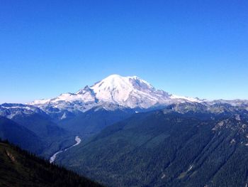 Scenic view of snowcapped mountains against clear blue sky