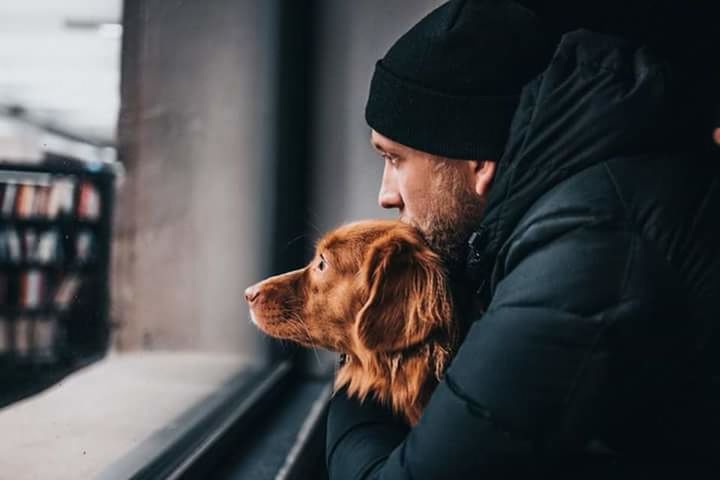 one animal, dog, canine, domestic animals, mammal, adult, domestic, clothing, pets, men, emotion, people, side view, hat, transportation, friendship, mature men, hood - clothing