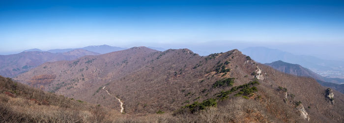 Scenic view of mountains against clear blue sky