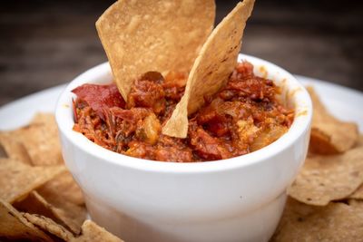Close-up of meat in bowl on table