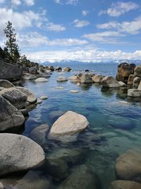 Rocks in sea against sky