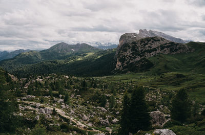 Scenic view of mountains against cloudy sky