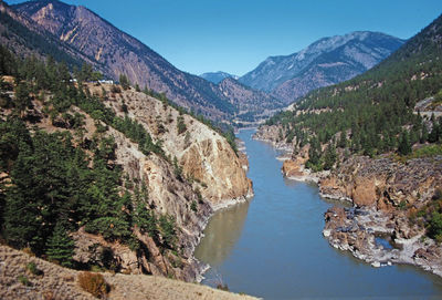 Scenic view of river amidst mountains against clear sky