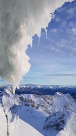 Aerial view of snowcapped mountains against sky