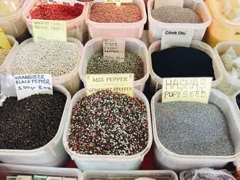 High angle view of spices for sale in market