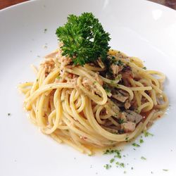 Close-up of noodles served in plate
