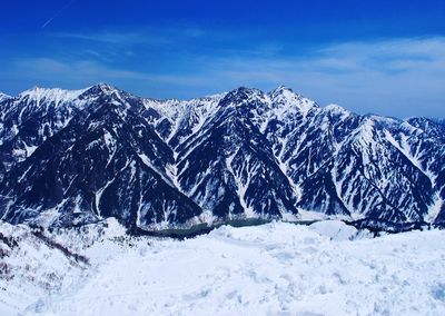 Scenic view of snowcapped mountains against sky