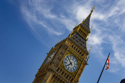 Low angle view of clock tower against sky in city