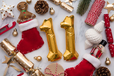 High angle view of christmas decorations on table