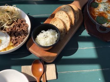 High angle view of breakfast on table