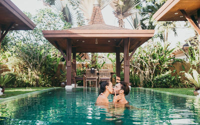 People in swimming pool against trees