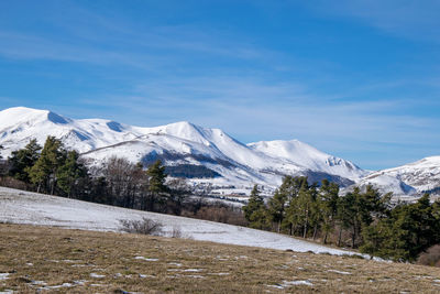 Scenic view of snowcapped mountains against sky