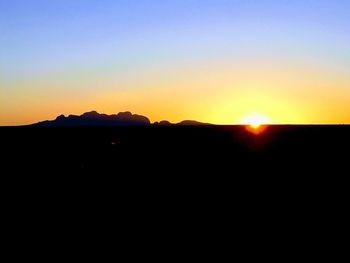 Silhouette landscape against clear sky during sunset