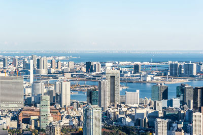 High angle view of modern buildings in city