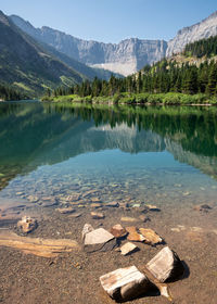 Scenic view of lake by mountains against sky