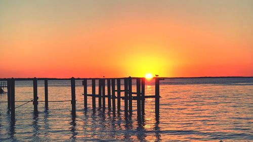 Wooden posts in sea against orange sky