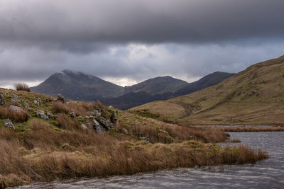 Scenic view of landscape and mountains against sky