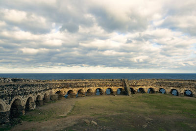 Yoros castle by sea against cloudy sky