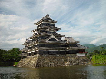 Temple by building against sky