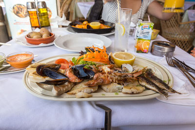 High angle view of food served on table