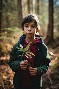 Portrait of a young boy holding a plant in his hands.ai generated