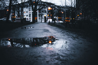 Wet street in city during winter at night