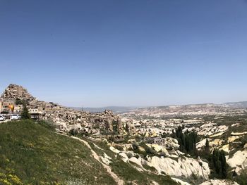 Panoramic shot of city buildings against clear blue sky