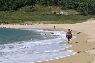 Rear view of men walking on shore at beach