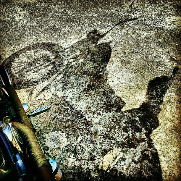 high angle view, transportation, street, shadow, road, sunlight, part of, textured, bicycle, day, outdoors, one person, asphalt, land vehicle, close-up, mode of transport, ground, messy, directly above, auto post production filter